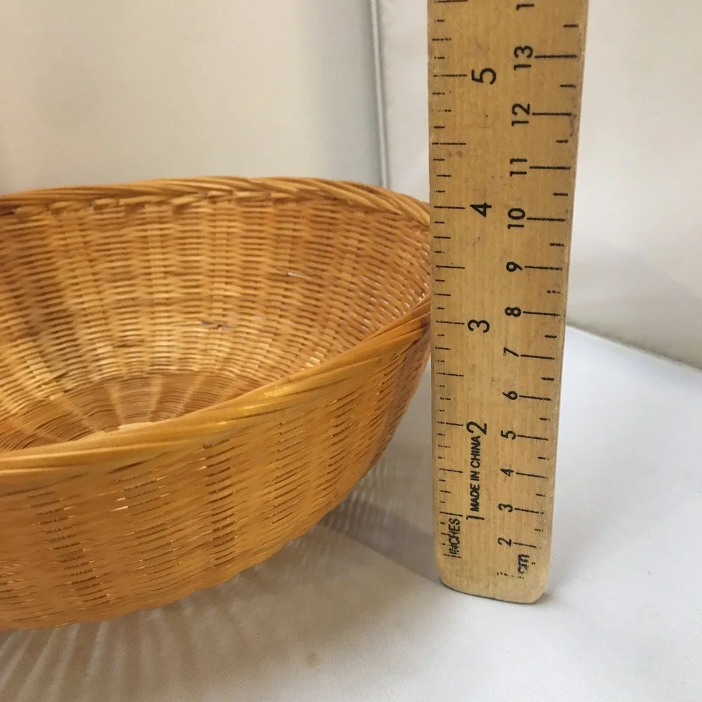 Woven Bamboo Bowl Home Decor Medium Tan Round Wicker Basket Cottagecore